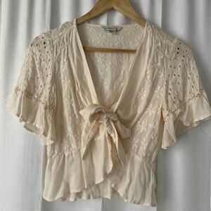 American Eagle Cream Embroidered Tie-Front Blouse